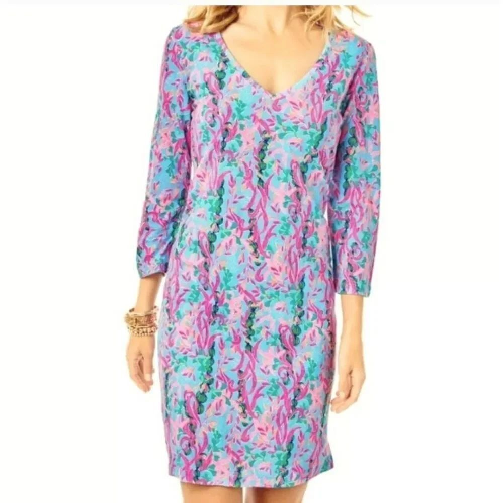 Lilly Pulitzer Tessa 3/4 Sleeve V Neck Dress in Seaweed Samba Blue Pink